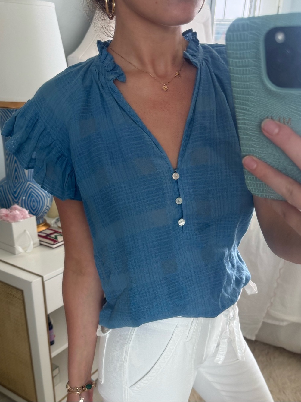 Veronica Beard Blue Ruffled V-Neck Button Front Women's Top